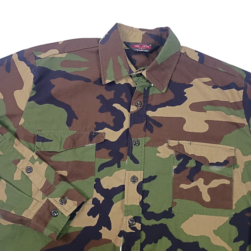 Tru-Spec Mens Woodland Camo Ripstop Tactical Button Down Shirt Large L